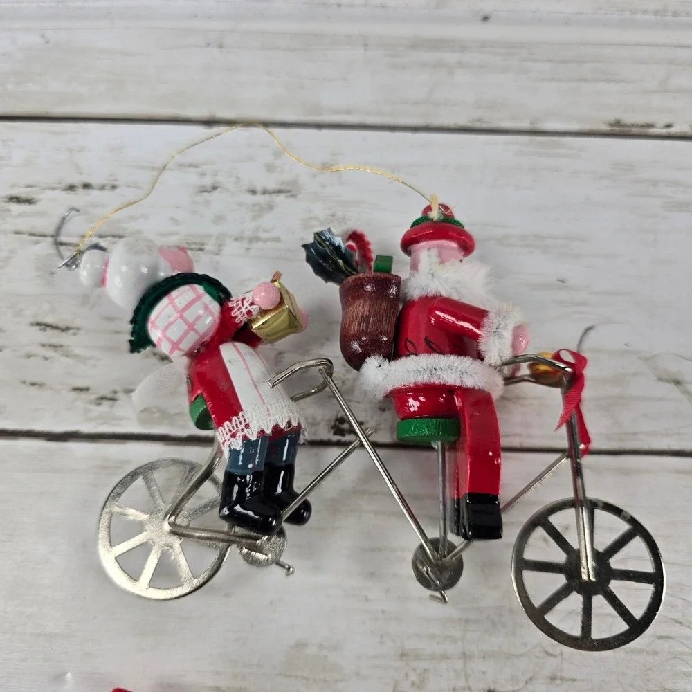 Vintage Christmas Ornaments Lot Santa Tandem Bicycle Sequined Felt Mouse Retro
